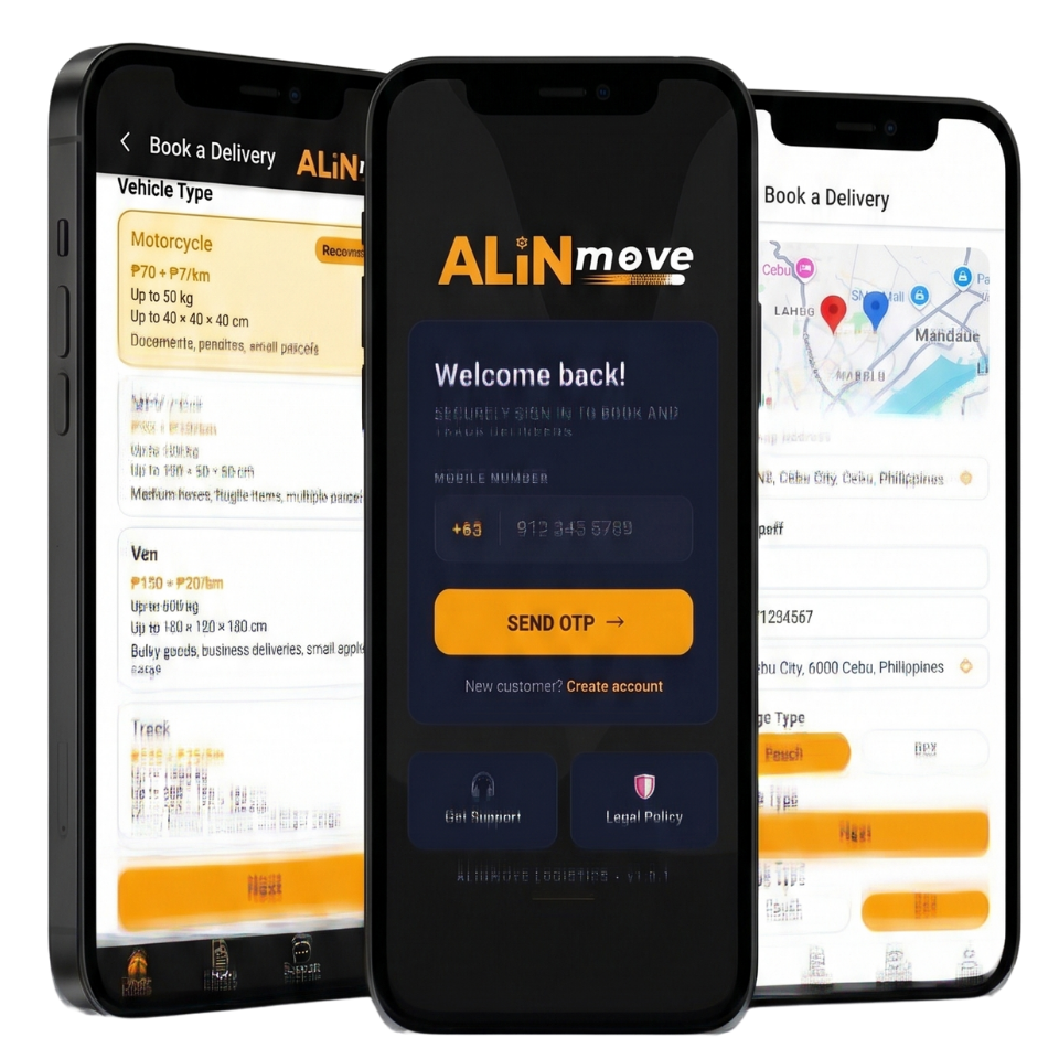ALiN Move app shown on three phones — booking, tracking and sign-in screens