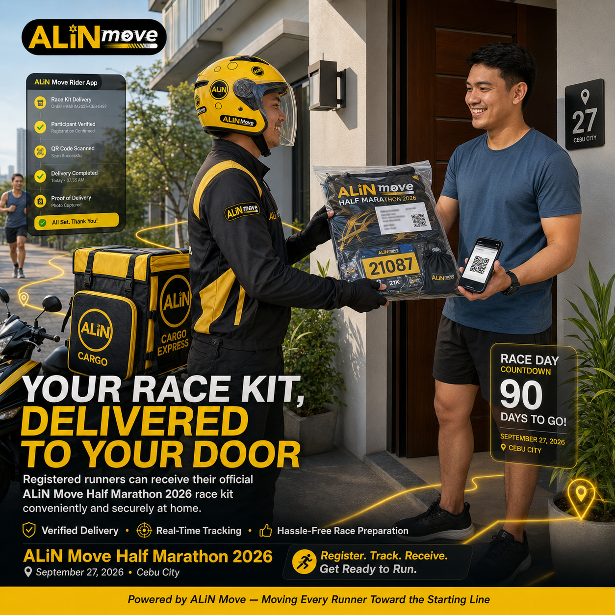 ALiN Move rider handing off a Half Marathon 2026 race kit at a runner's doorstep in Cebu City